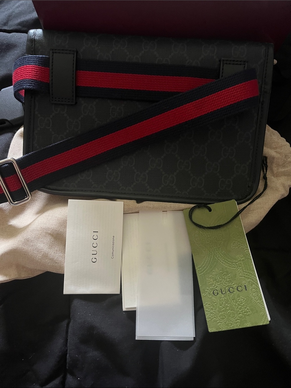 Gucci Black GG Supreme Messenger Bag with Red & Navy Web Strap - Picture 2 of 2